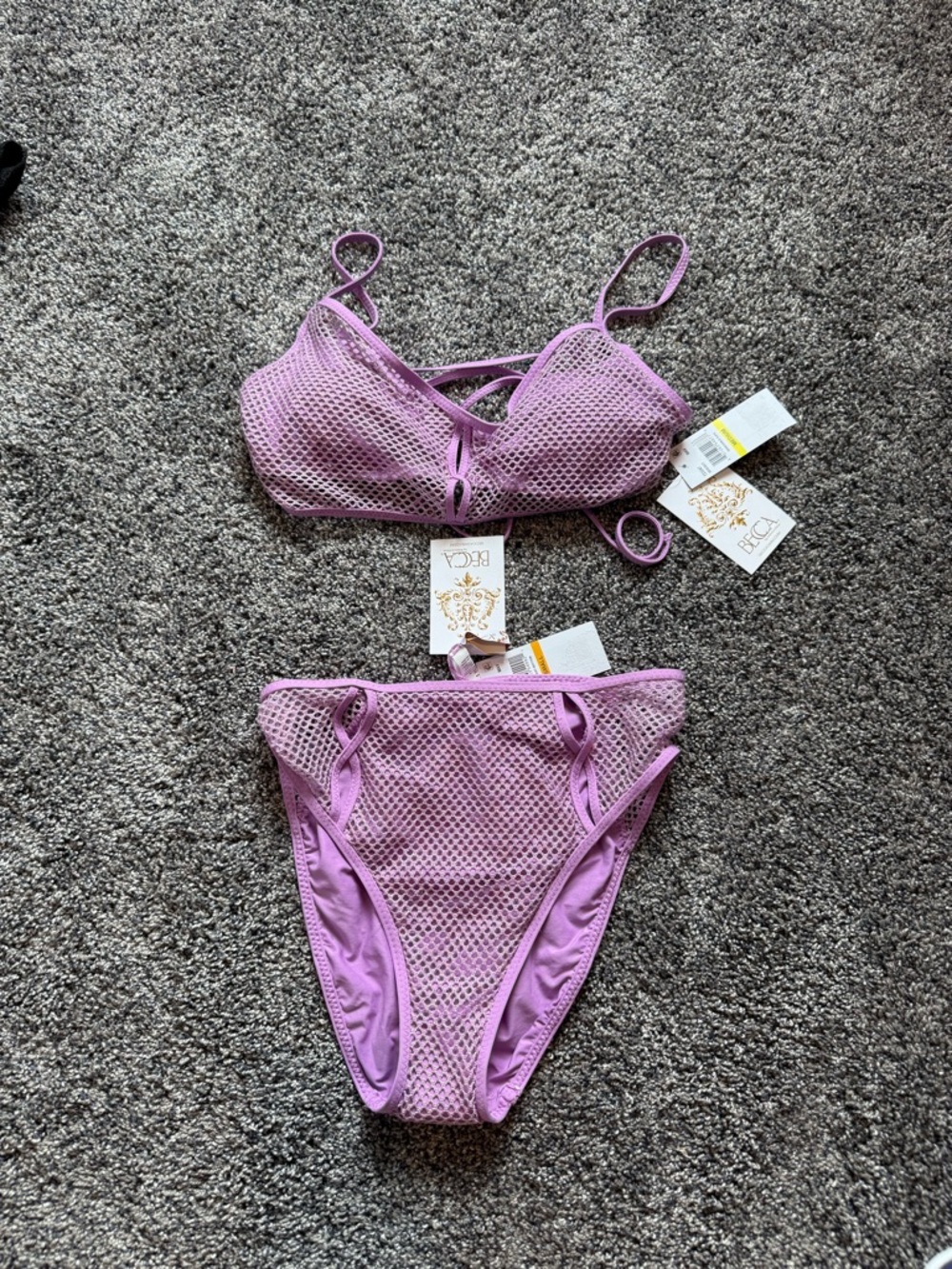 BECCA Lavender Mesh Bikini Set M top and S bottom